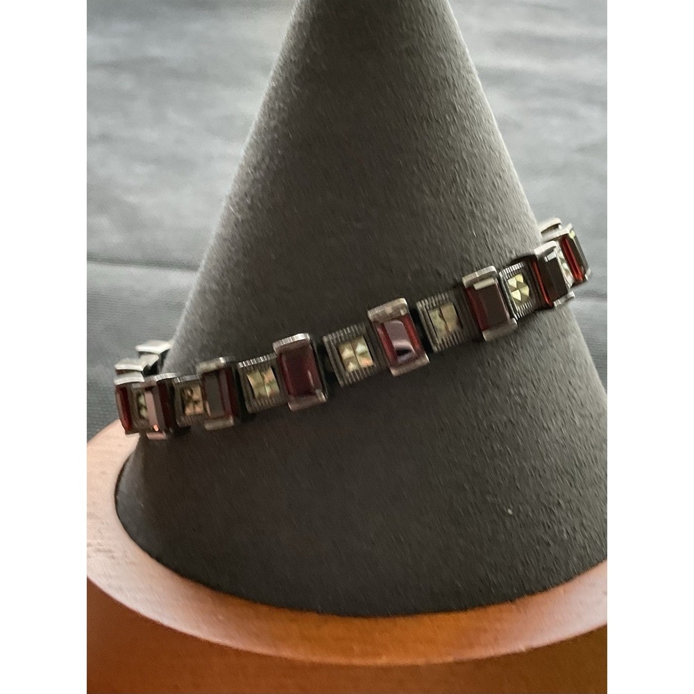 Vintage sterling silver Chapal Zenray (NF) garnet and marcasite tennis bracelet
